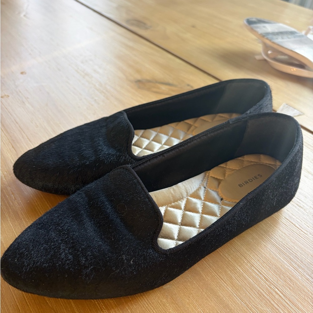 Birdies Black Velvet Quilted-Insole Loafers